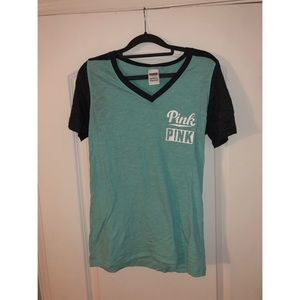 PINK Teal & Black Baseball V Neck Tee